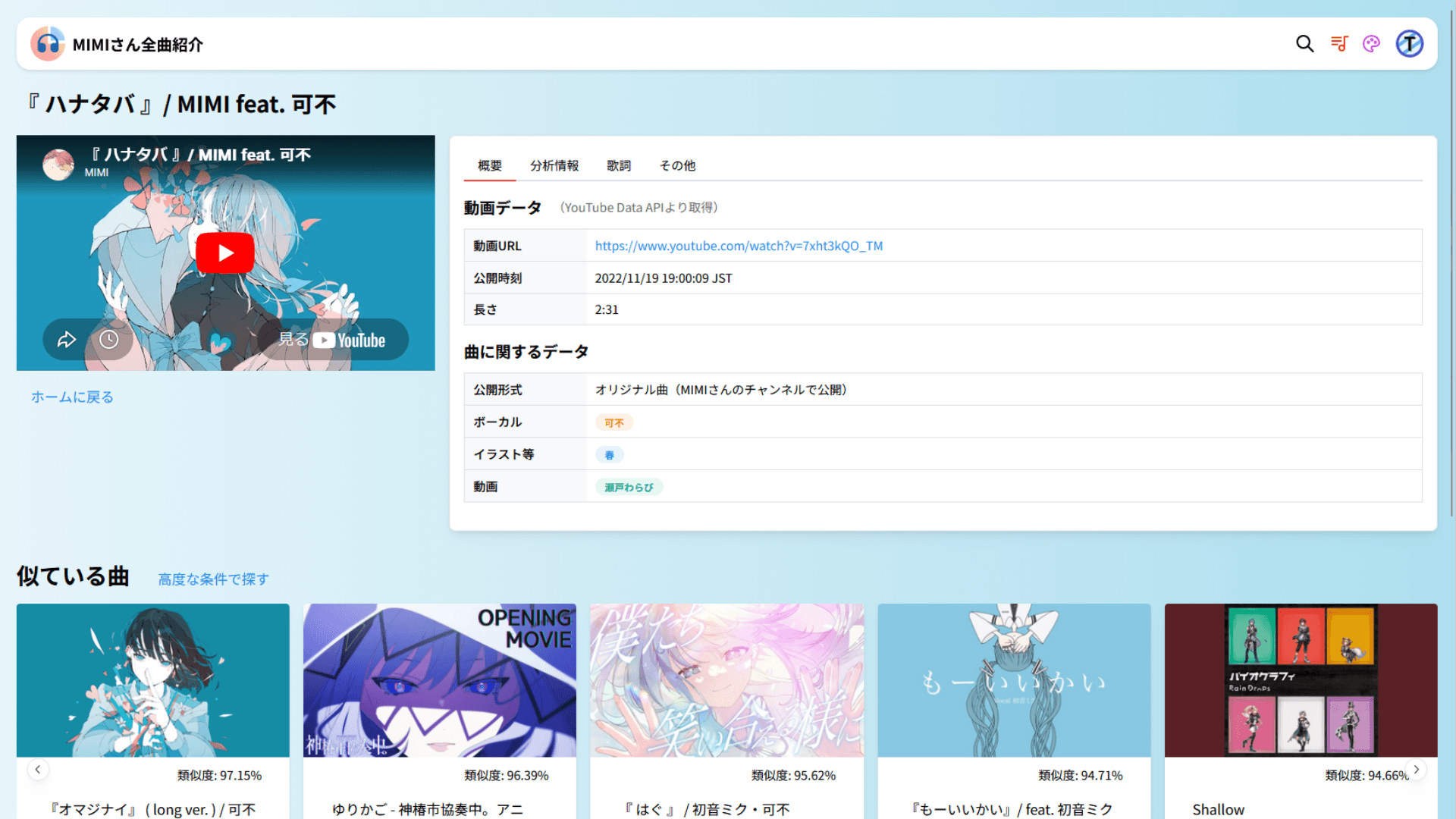 MIMIさん全曲紹介のスクリーンショット。「ハナタバ」の詳細情報が表示されている。